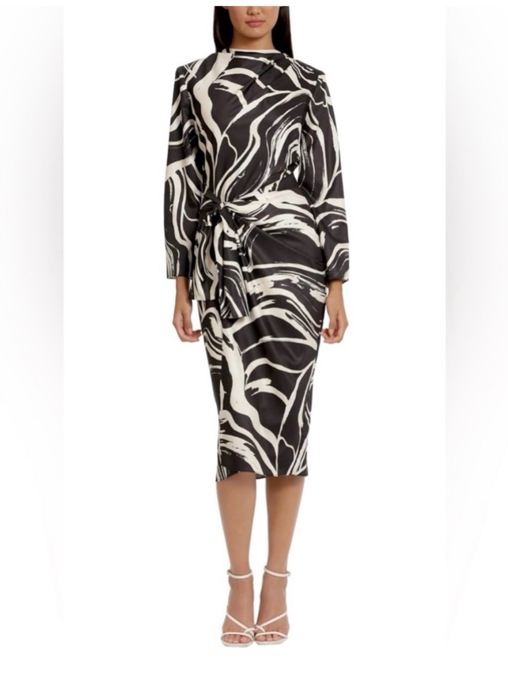 Donna Morgan Black & White Abstract Print Long-Sleeve Tie-Waist Midi Dress